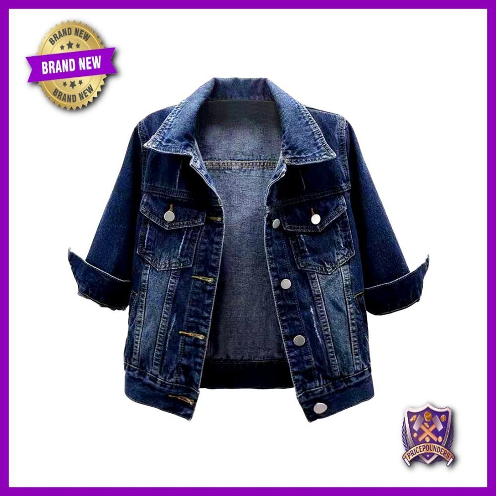 Distressed Denim Jacket Cropped 3/4 Sleeve Button Down Lapel Y2K Chic